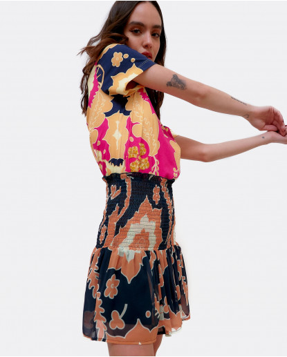 FALDA CINTURA FRUNCIDA GASA ESTAMPADO...