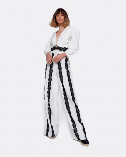 PANTALON LARGO LINO BLANCO/NEGRO