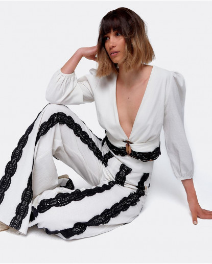 PANTALON LARGO LINO BLANCO/NEGRO