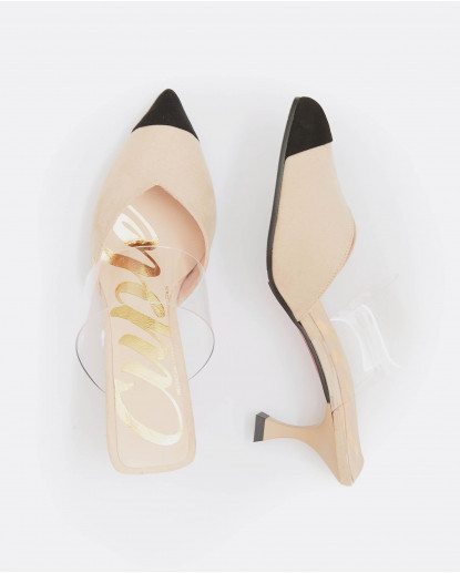 MULE VINILO TACON MEDIO ULTRASUEDE BEIG