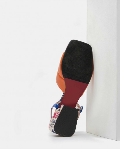 SANDALIA TACÓN MEDIO TEXTIL NARANJA