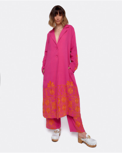CHAQUETA LARGA BORDADO ALGODON FUCSIA