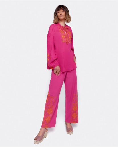 CAMISA BORDADA ALGODON FUCSIA