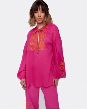 CAMISA BORDADA ALGODON FUCSIA 2