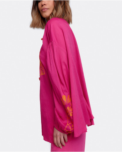 CAMISA BORDADA ALGODON FUCSIA