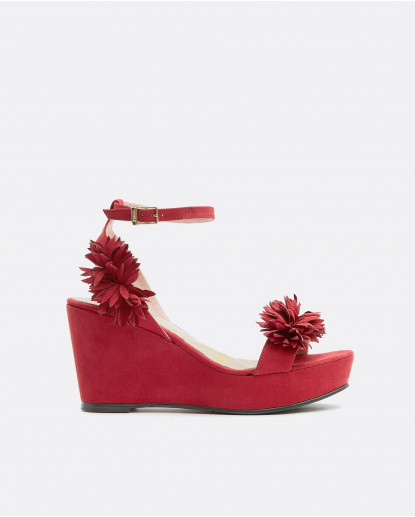 CUÑA FLORES ULTRASUEDE ROJO