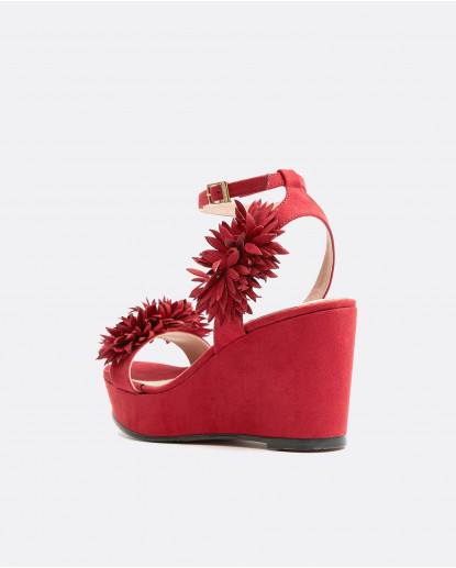 CUÑA FLORES ULTRASUEDE ROJO