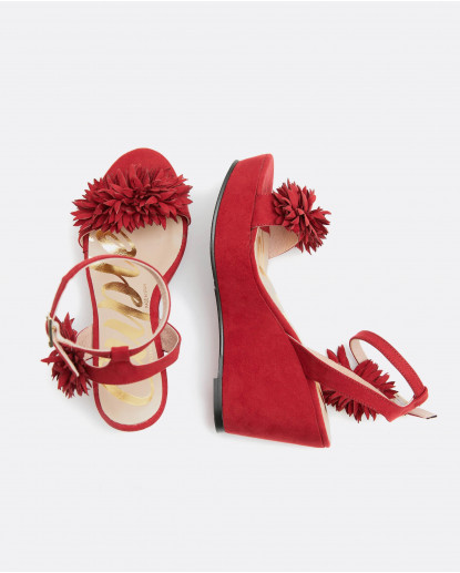 CUÑA FLORES ULTRASUEDE ROJO